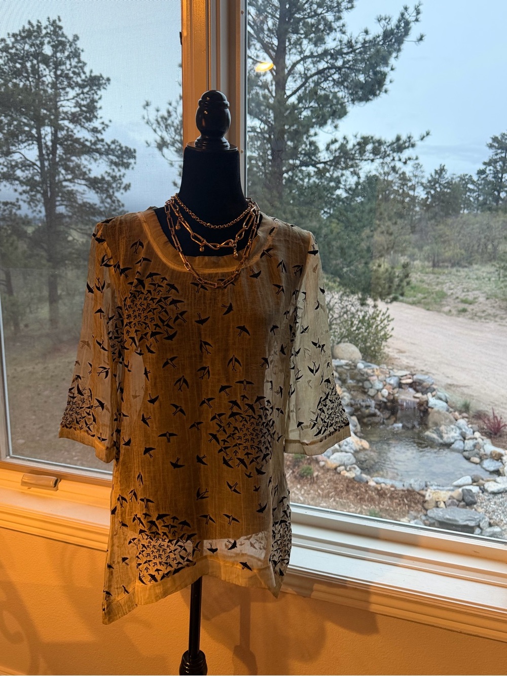 Sheer Bird Print Hi-Lo Tunic Blouse in Light Olive
